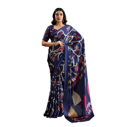 Generic Women's Satin Crepe Printed Saree With Unstitched Blouse 5.5Mtr (Navy Blue) - VANSHELLE