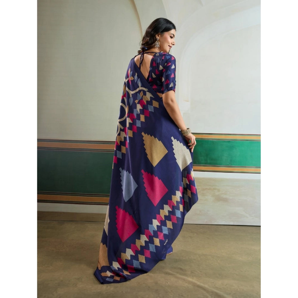Generic Women's Satin Crepe Printed Saree With Unstitched Blouse 5.5Mtr (Navy Blue) - VANSHELLE