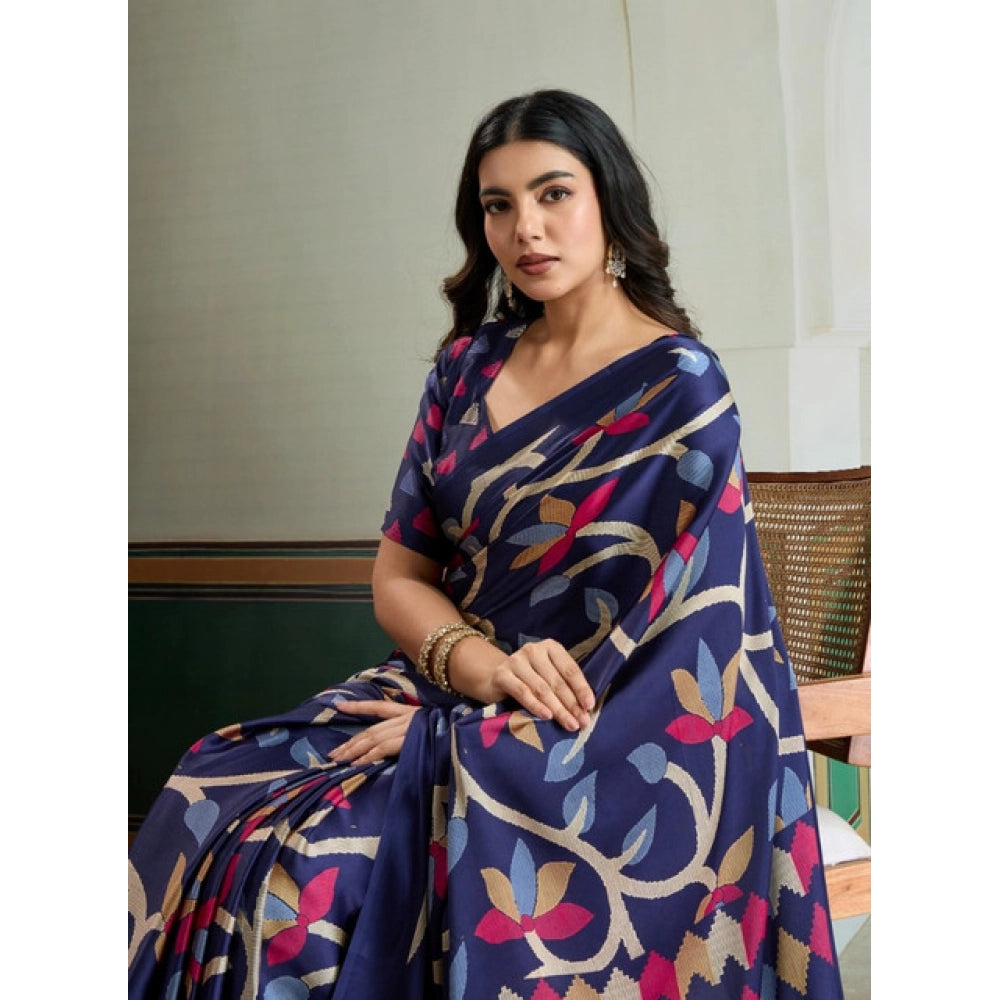 Generic Women's Satin Crepe Printed Saree With Unstitched Blouse 5.5Mtr (Navy Blue) - VANSHELLE