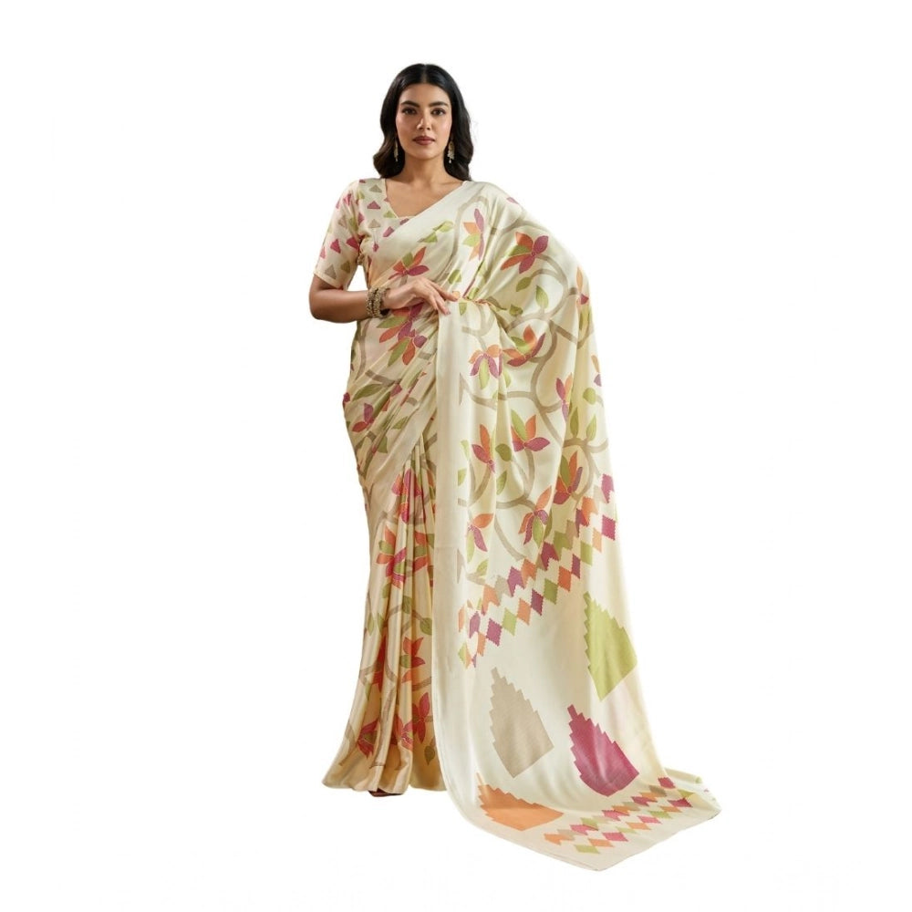 Generic Women's Satin Crepe Printed Saree With Unstitched Blouse 5.5Mtr (Off White) - VANSHELLE