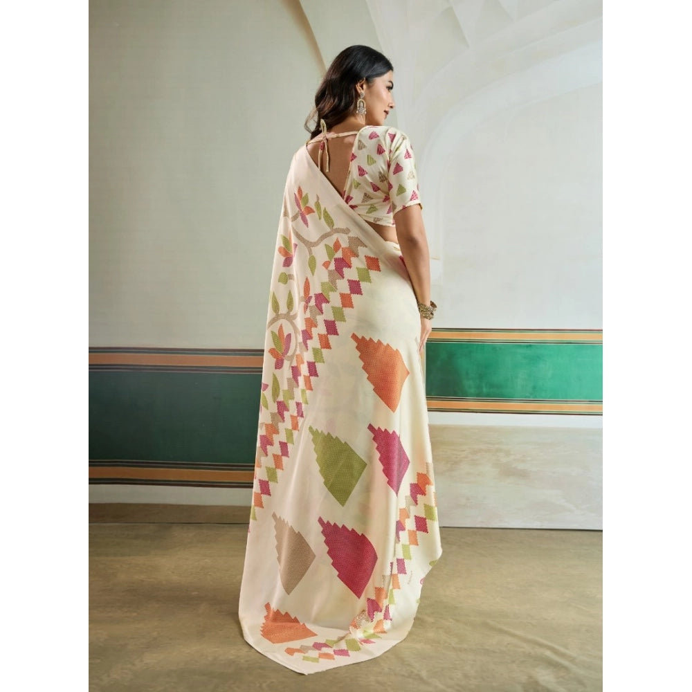 Generic Women's Satin Crepe Printed Saree With Unstitched Blouse 5.5Mtr (Off White) - VANSHELLE