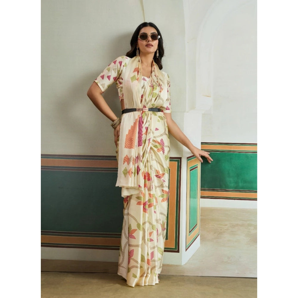 Generic Women's Satin Crepe Printed Saree With Unstitched Blouse 5.5Mtr (Off White) - VANSHELLE