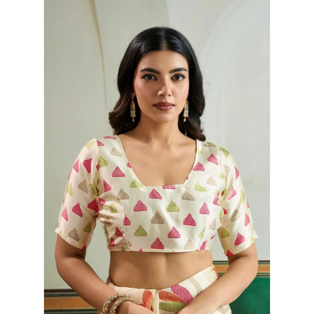 Generic Women's Satin Crepe Printed Saree With Unstitched Blouse 5.5Mtr (Off White) - VANSHELLE