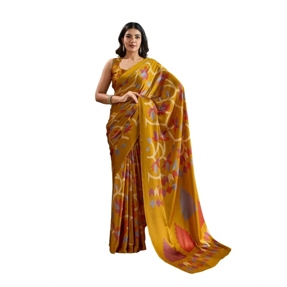 Generic Women's Satin Crepe Printed Saree With Unstitched Blouse 5.5Mtr (Mustard) - VANSHELLE