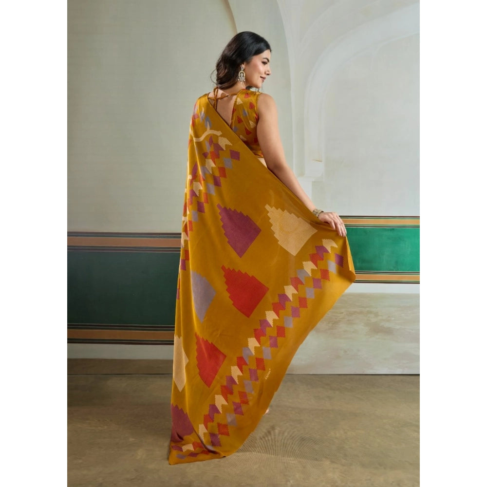 Generic Women's Satin Crepe Printed Saree With Unstitched Blouse 5.5Mtr (Mustard) - VANSHELLE