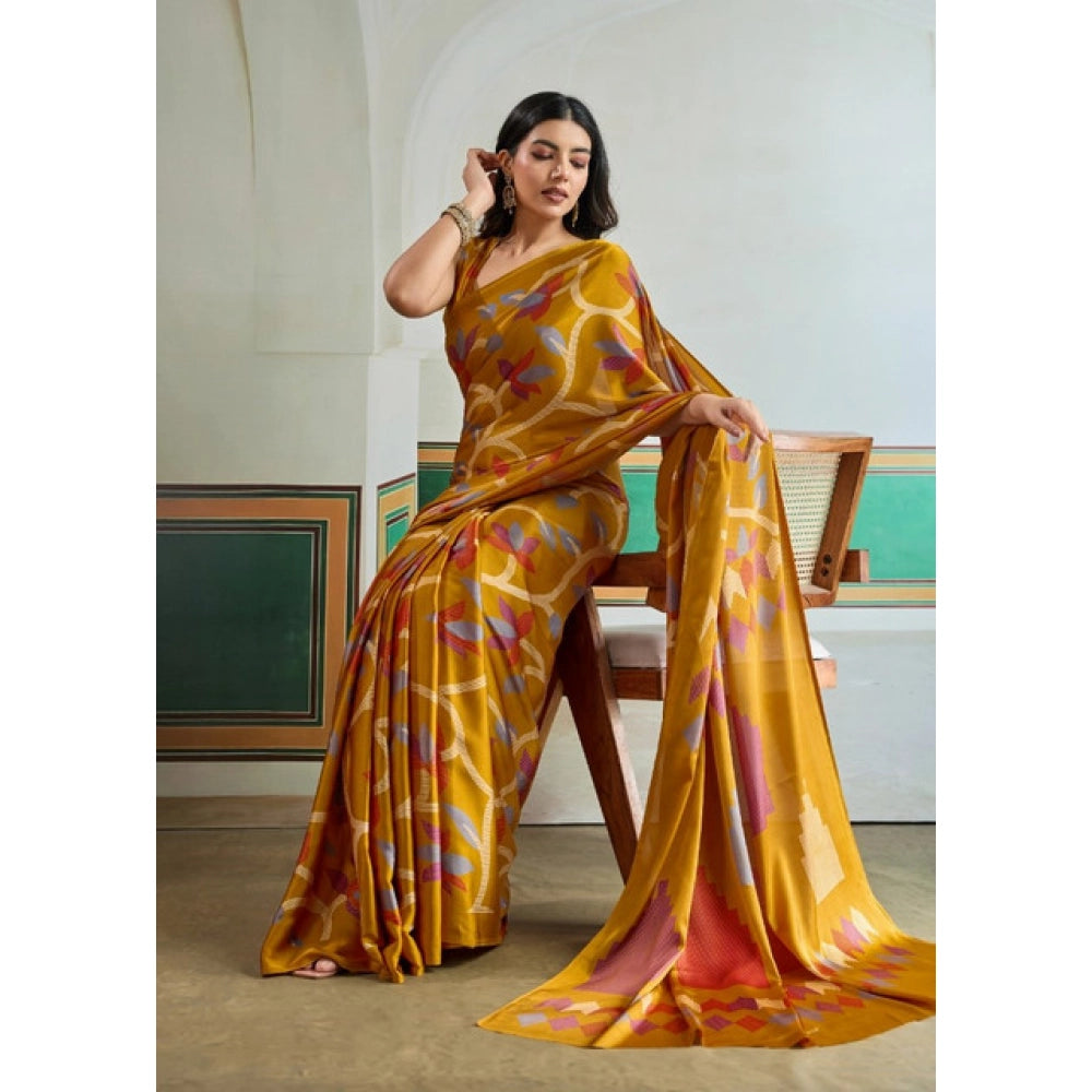 Generic Women's Satin Crepe Printed Saree With Unstitched Blouse 5.5Mtr (Mustard) - VANSHELLE