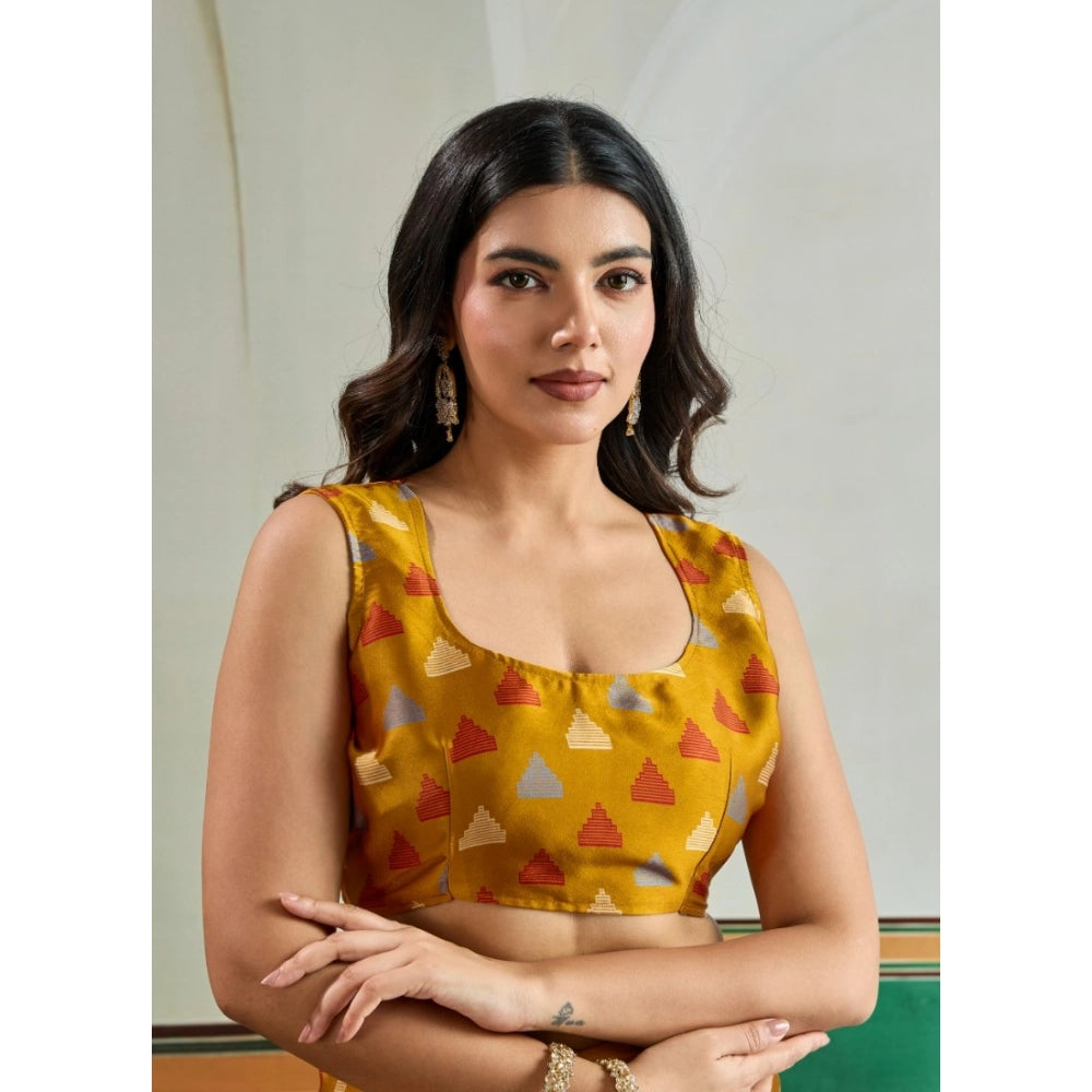 Generic Women's Satin Crepe Printed Saree With Unstitched Blouse 5.5Mtr (Mustard) - VANSHELLE