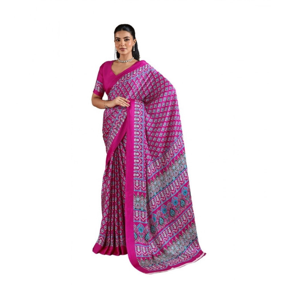Generic Women's Satin Crepe Printed Saree With Unstitched Blouse 5.5Mtr (Pink) - VANSHELLE
