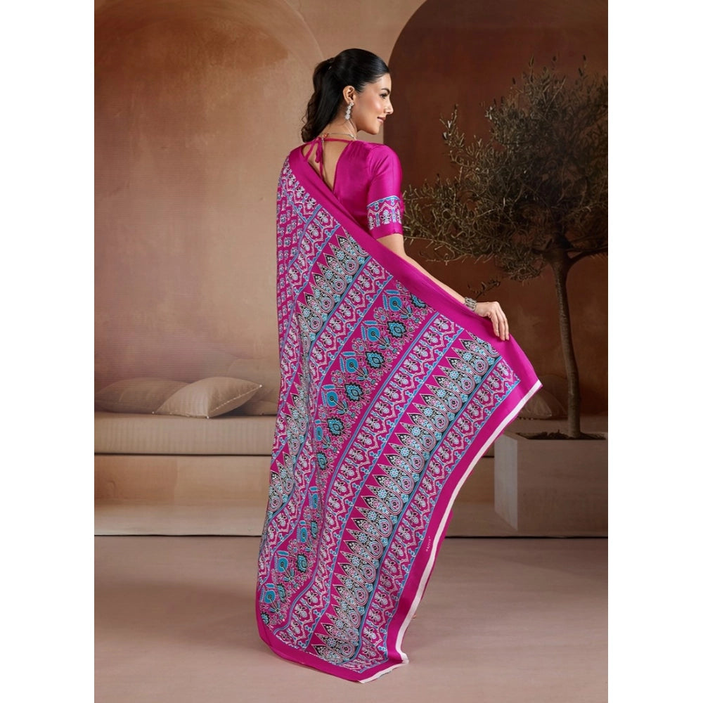 Generic Women's Satin Crepe Printed Saree With Unstitched Blouse 5.5Mtr (Pink) - VANSHELLE