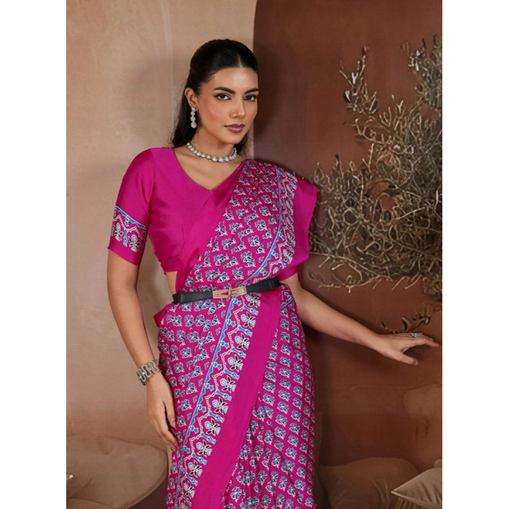 Generic Women's Satin Crepe Printed Saree With Unstitched Blouse 5.5Mtr (Pink) - VANSHELLE