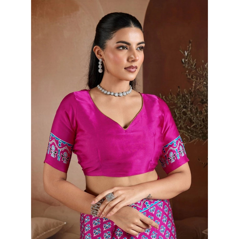 Generic Women's Satin Crepe Printed Saree With Unstitched Blouse 5.5Mtr (Pink) - VANSHELLE