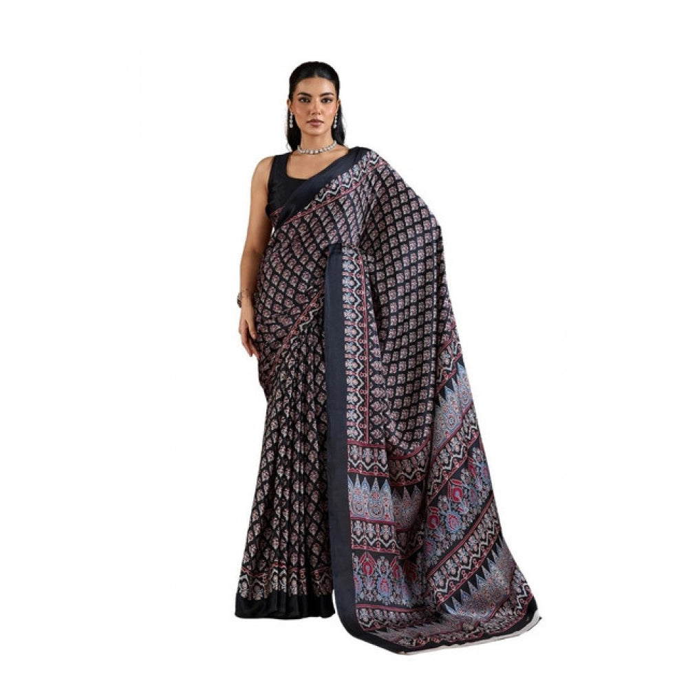 Generic Women's Satin Crepe Printed Saree With Unstitched Blouse 5.5Mtr (Black) - VANSHELLE