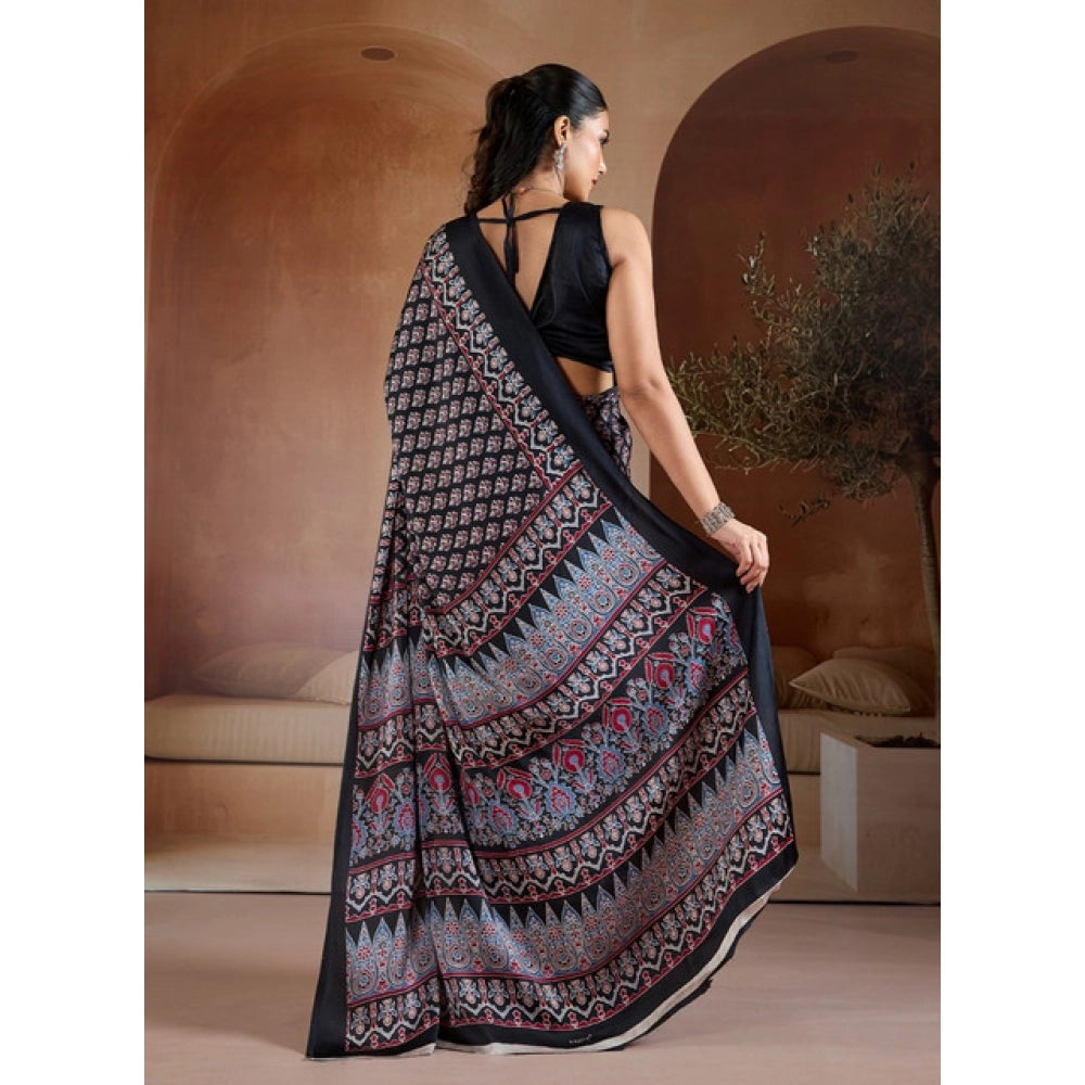 Generic Women's Satin Crepe Printed Saree With Unstitched Blouse 5.5Mtr (Black) - VANSHELLE