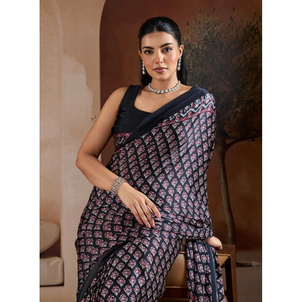 Generic Women's Satin Crepe Printed Saree With Unstitched Blouse 5.5Mtr (Black) - VANSHELLE