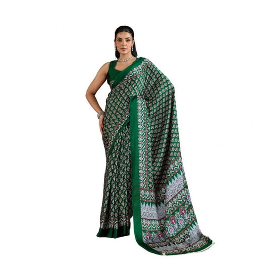 Generic Women's Satin Crepe Printed Saree With Unstitched Blouse 5.5Mtr (Green) - VANSHELLE