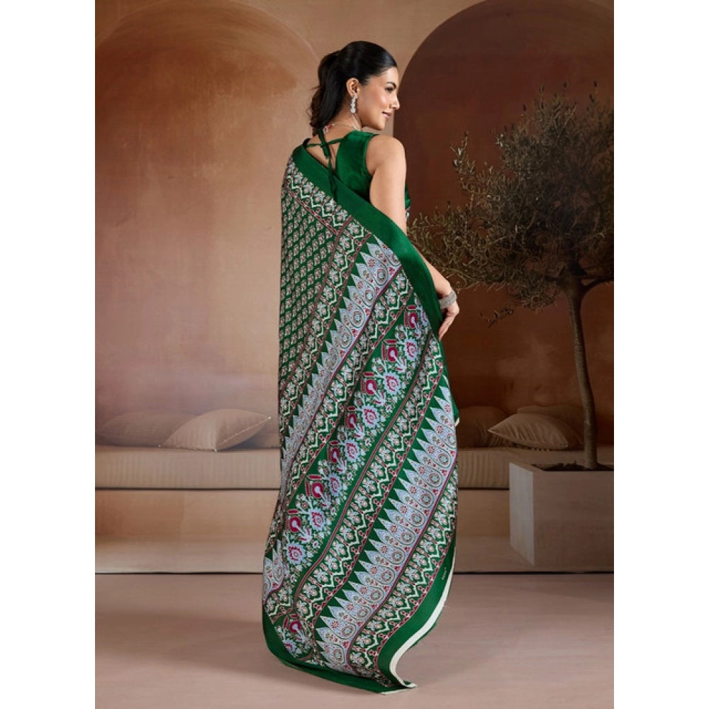 Generic Women's Satin Crepe Printed Saree With Unstitched Blouse 5.5Mtr (Green) - VANSHELLE