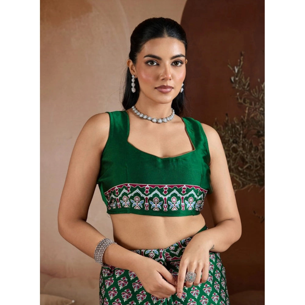 Generic Women's Satin Crepe Printed Saree With Unstitched Blouse 5.5Mtr (Green) - VANSHELLE