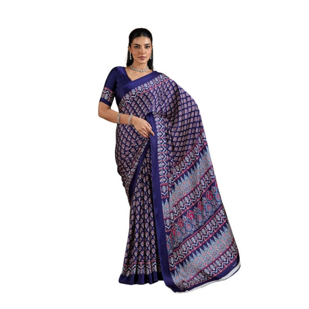 Generic Women's Satin Crepe Printed Saree With Unstitched Blouse 5.5Mtr (Navy Blue) - VANSHELLE
