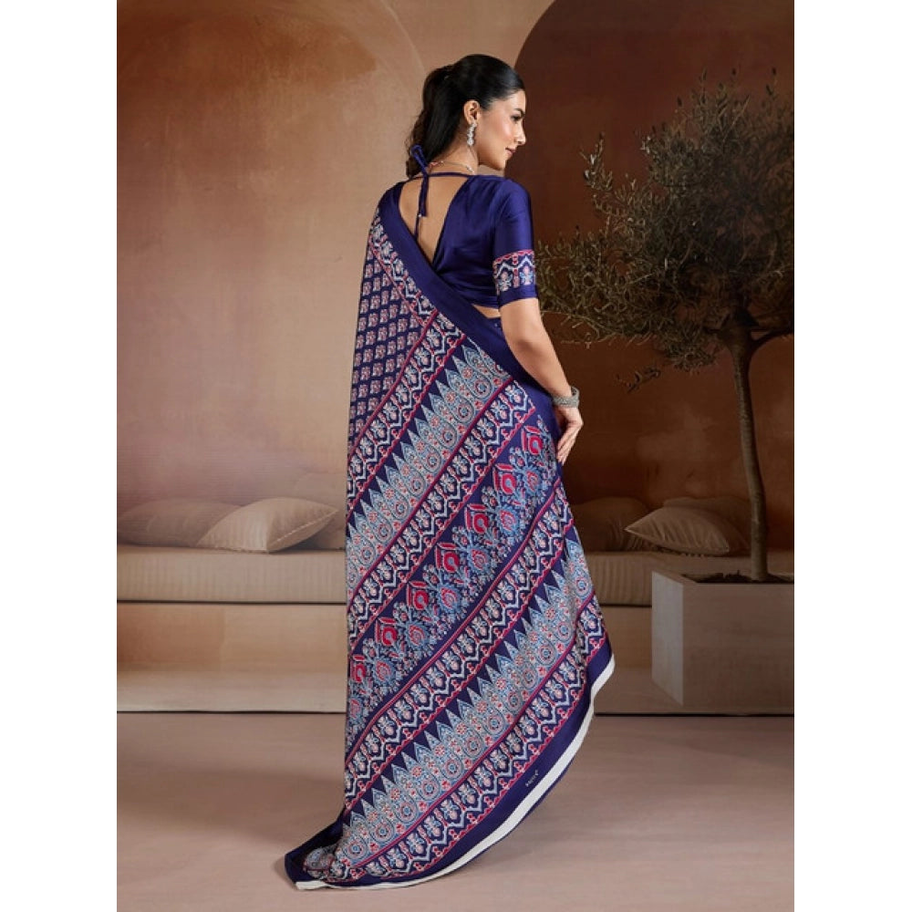 Generic Women's Satin Crepe Printed Saree With Unstitched Blouse 5.5Mtr (Navy Blue) - VANSHELLE
