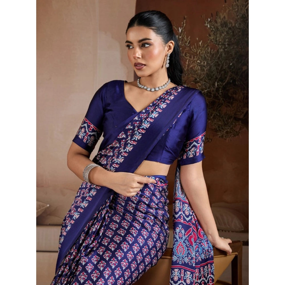 Generic Women's Satin Crepe Printed Saree With Unstitched Blouse 5.5Mtr (Navy Blue) - VANSHELLE