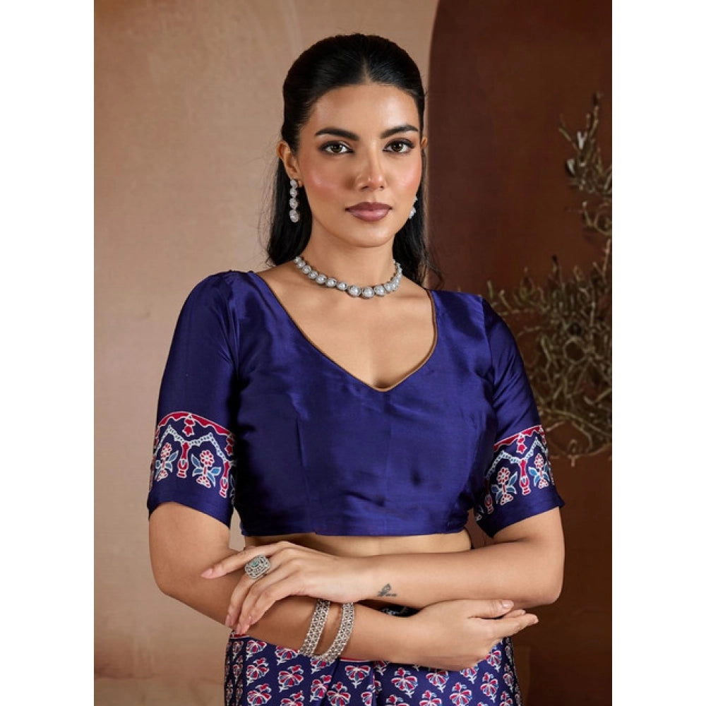 Generic Women's Satin Crepe Printed Saree With Unstitched Blouse 5.5Mtr (Navy Blue) - VANSHELLE