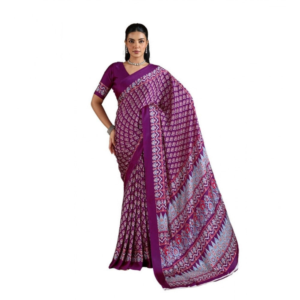 Generic Women's Satin Crepe Printed Saree With Unstitched Blouse 5.5Mtr (Purple) - VANSHELLE