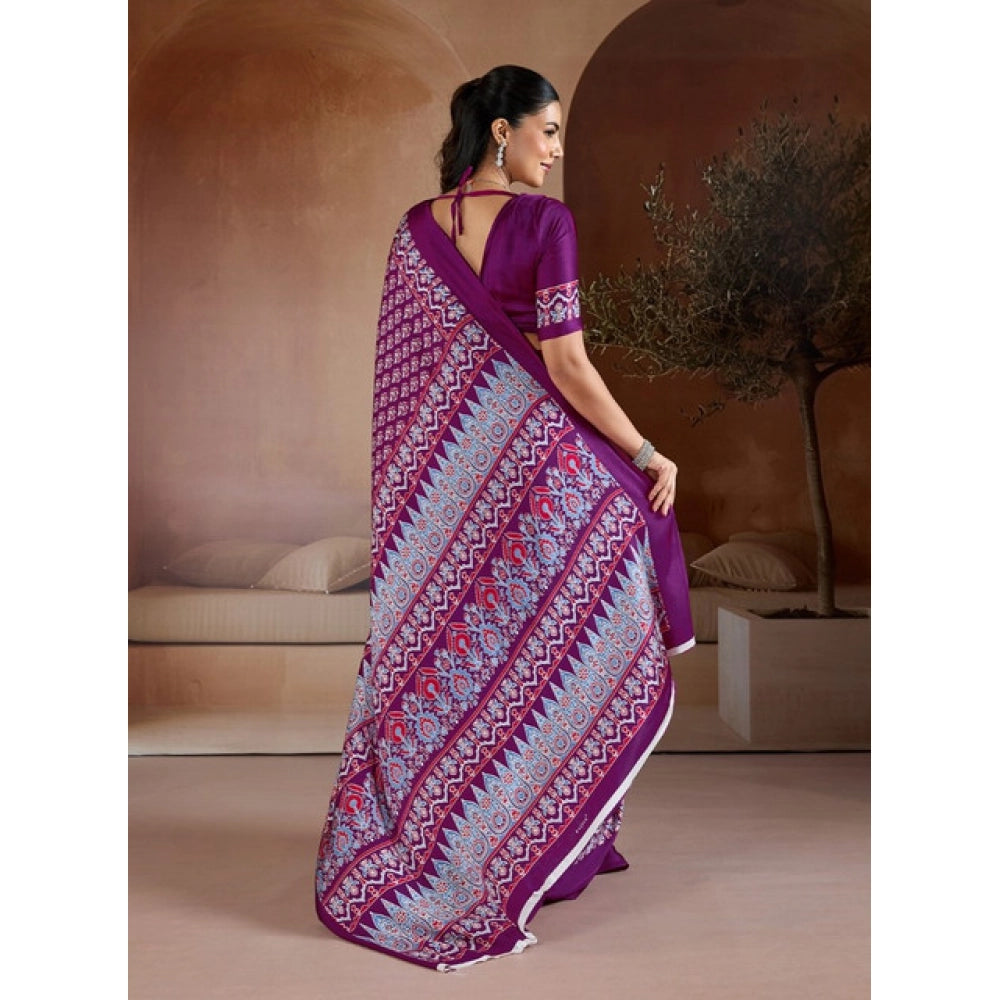 Generic Women's Satin Crepe Printed Saree With Unstitched Blouse 5.5Mtr (Purple) - VANSHELLE