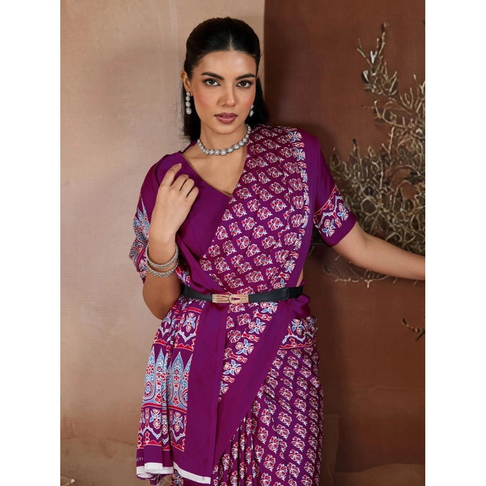 Generic Women's Satin Crepe Printed Saree With Unstitched Blouse 5.5Mtr (Purple) - VANSHELLE