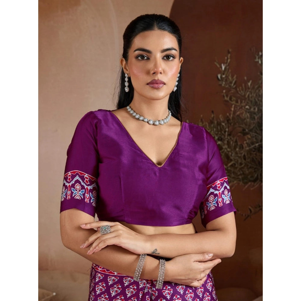 Generic Women's Satin Crepe Printed Saree With Unstitched Blouse 5.5Mtr (Purple) - VANSHELLE