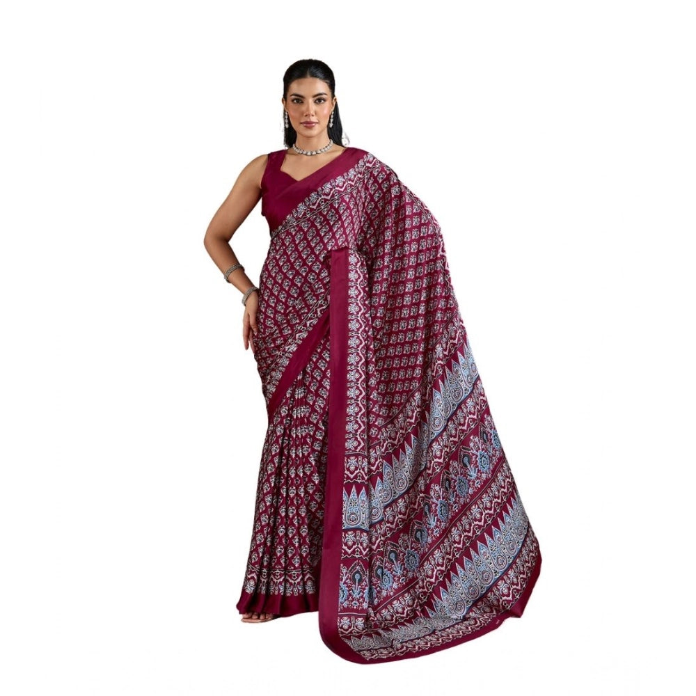 Generic Women's Satin Crepe Printed Saree With Unstitched Blouse 5.5Mtr (Maroon) - VANSHELLE