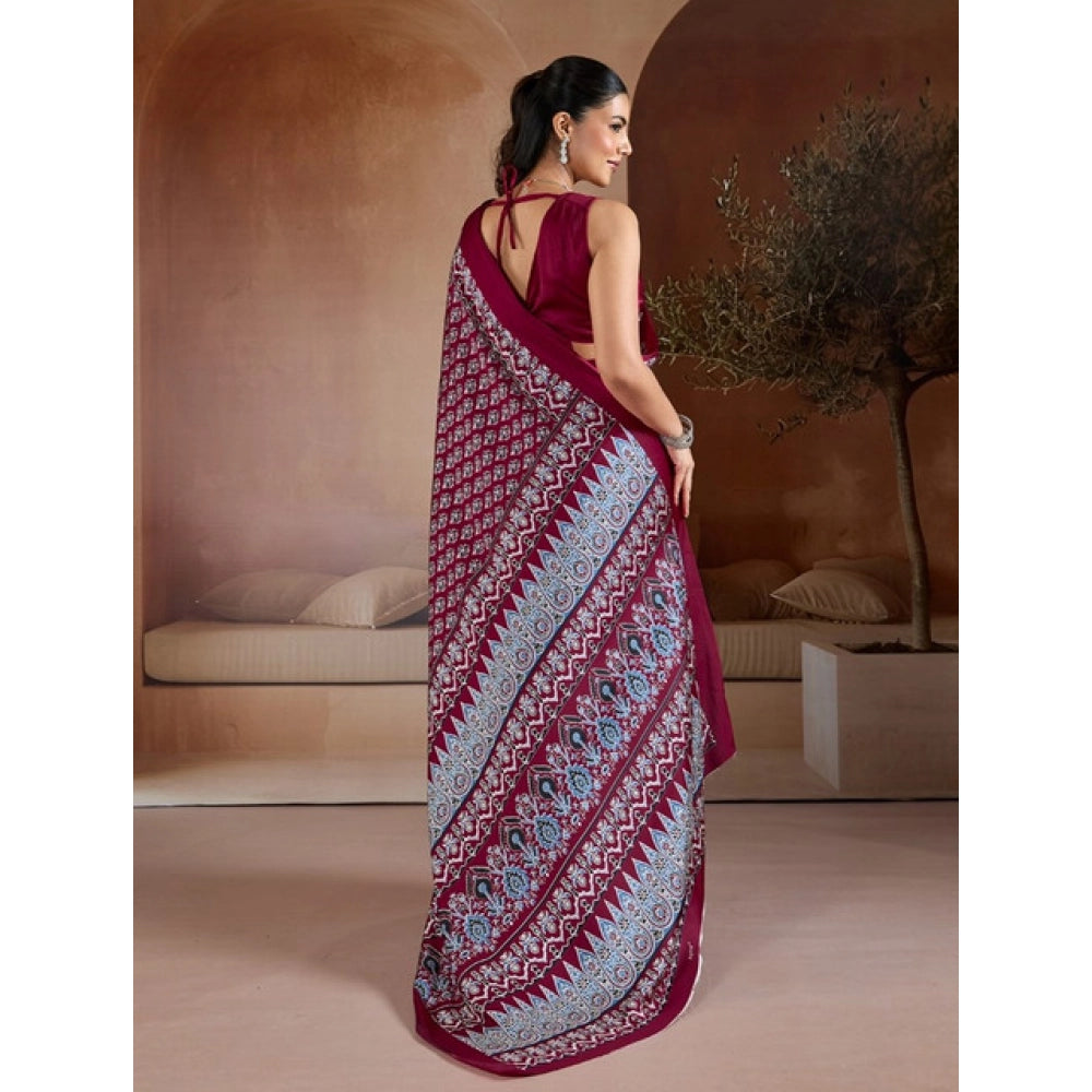 Generic Women's Satin Crepe Printed Saree With Unstitched Blouse 5.5Mtr (Maroon) - VANSHELLE