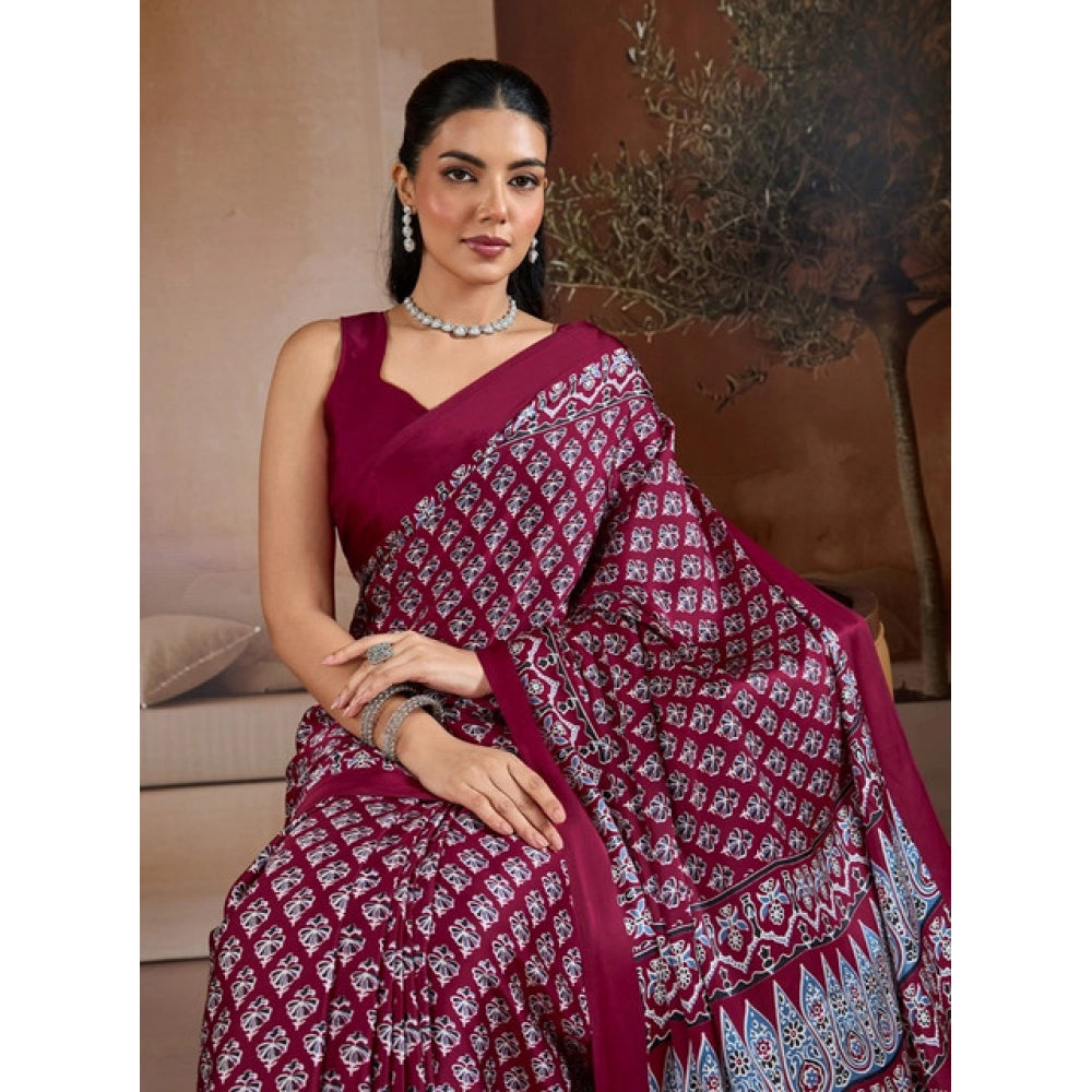 Generic Women's Satin Crepe Printed Saree With Unstitched Blouse 5.5Mtr (Maroon) - VANSHELLE
