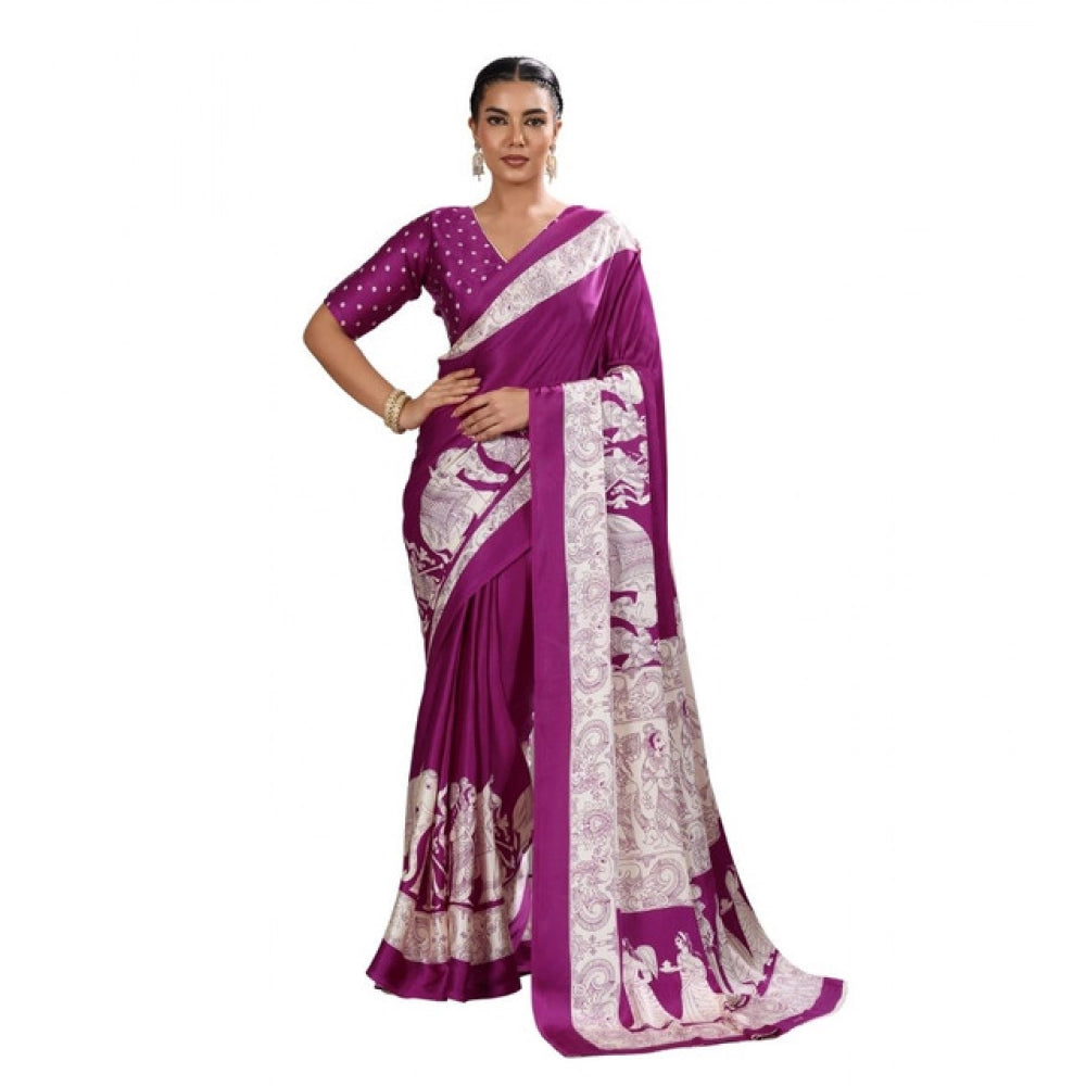 Generic Women's Satin Crepe Printed Saree With Unstitched Blouse 5.5Mtr (Purple) - VANSHELLE