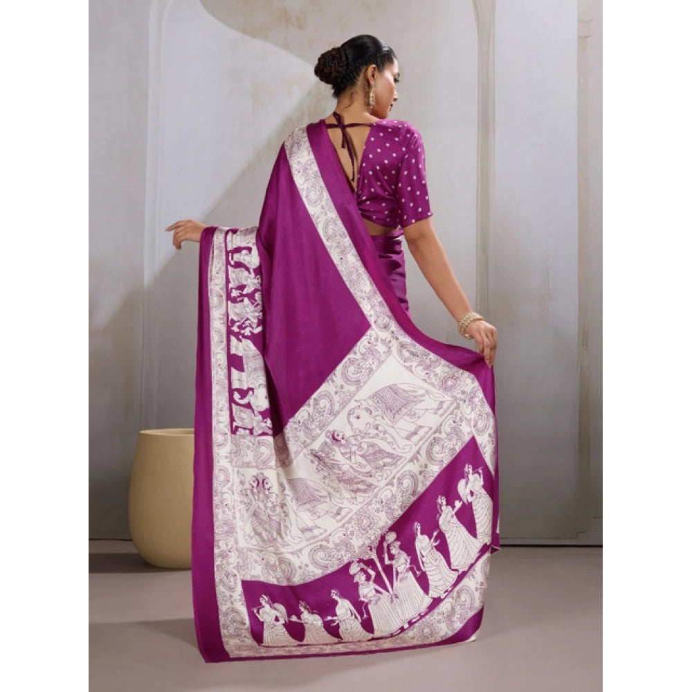 Generic Women's Satin Crepe Printed Saree With Unstitched Blouse 5.5Mtr (Purple) - VANSHELLE