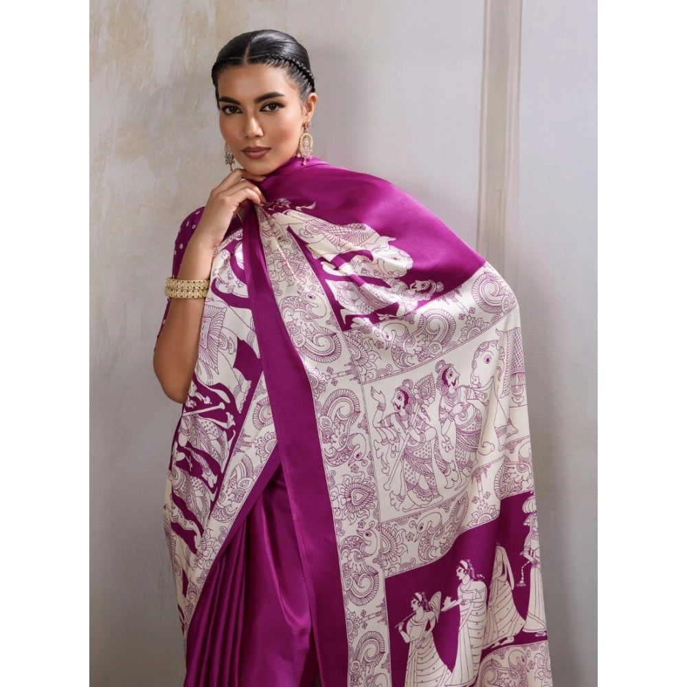 Generic Women's Satin Crepe Printed Saree With Unstitched Blouse 5.5Mtr (Purple) - VANSHELLE