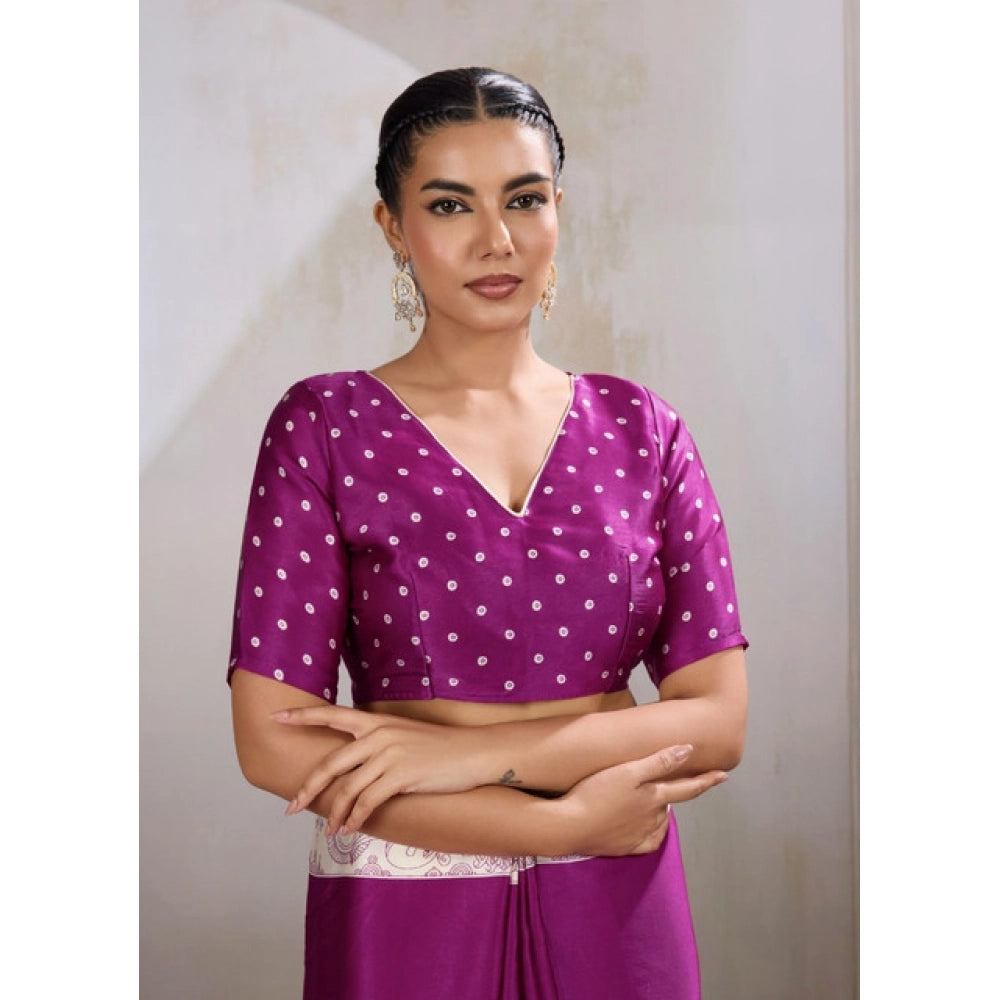 Generic Women's Satin Crepe Printed Saree With Unstitched Blouse 5.5Mtr (Purple) - VANSHELLE