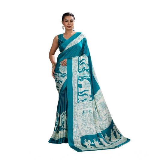 Generic Women's Satin Crepe Printed Saree With Unstitched Blouse 5.5Mtr (Sky Blue) - VANSHELLE