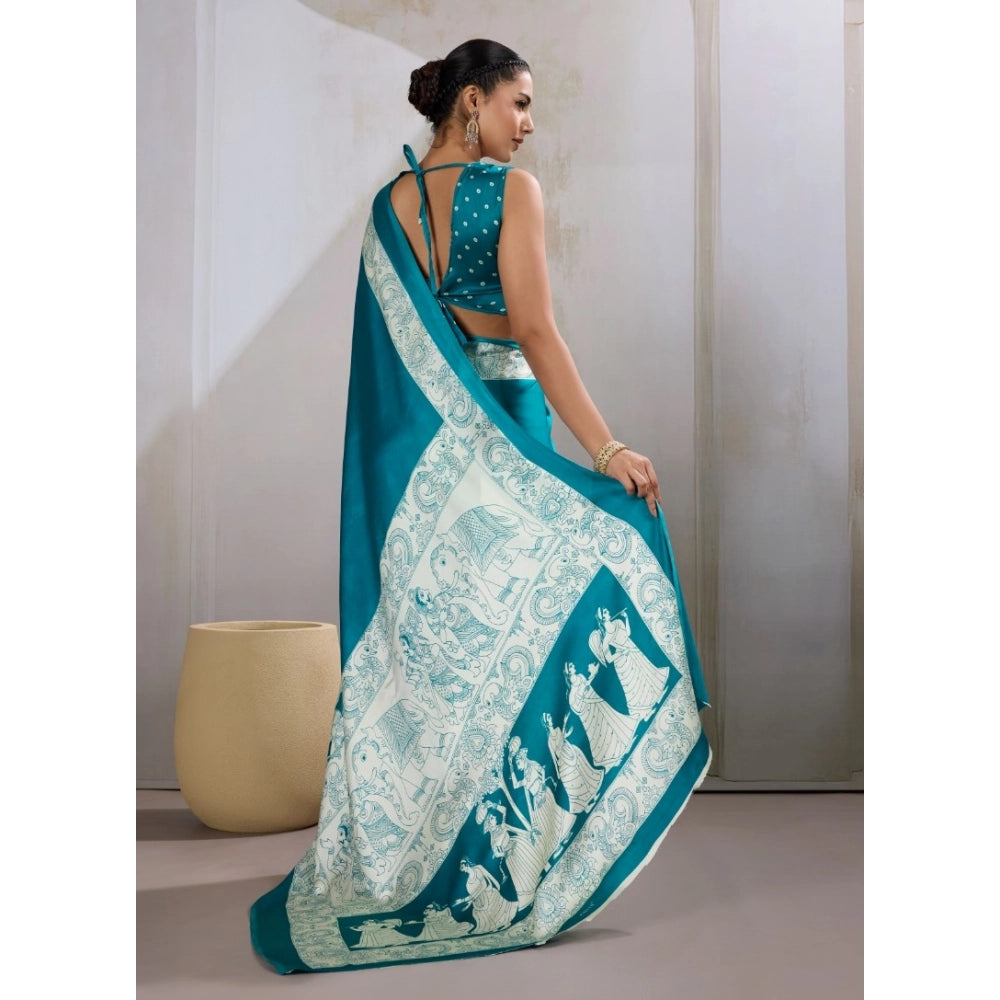 Generic Women's Satin Crepe Printed Saree With Unstitched Blouse 5.5Mtr (Sky Blue) - VANSHELLE