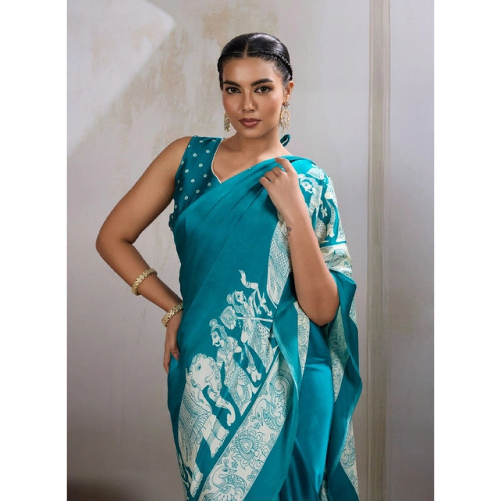 Generic Women's Satin Crepe Printed Saree With Unstitched Blouse 5.5Mtr (Sky Blue) - VANSHELLE