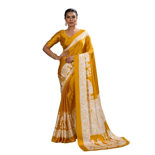 Generic Women's Satin Crepe Printed Saree With Unstitched Blouse 5.5Mtr (Mustard) - VANSHELLE