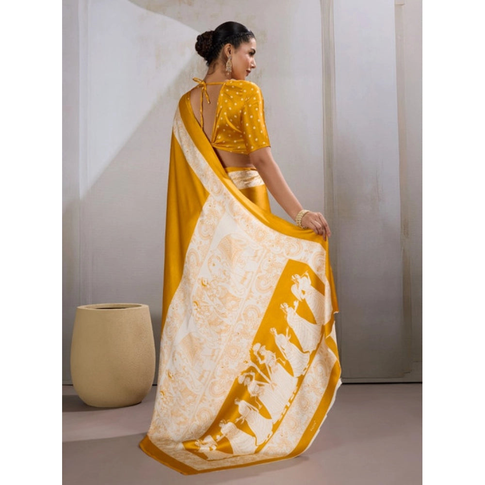 Generic Women's Satin Crepe Printed Saree With Unstitched Blouse 5.5Mtr (Mustard) - VANSHELLE