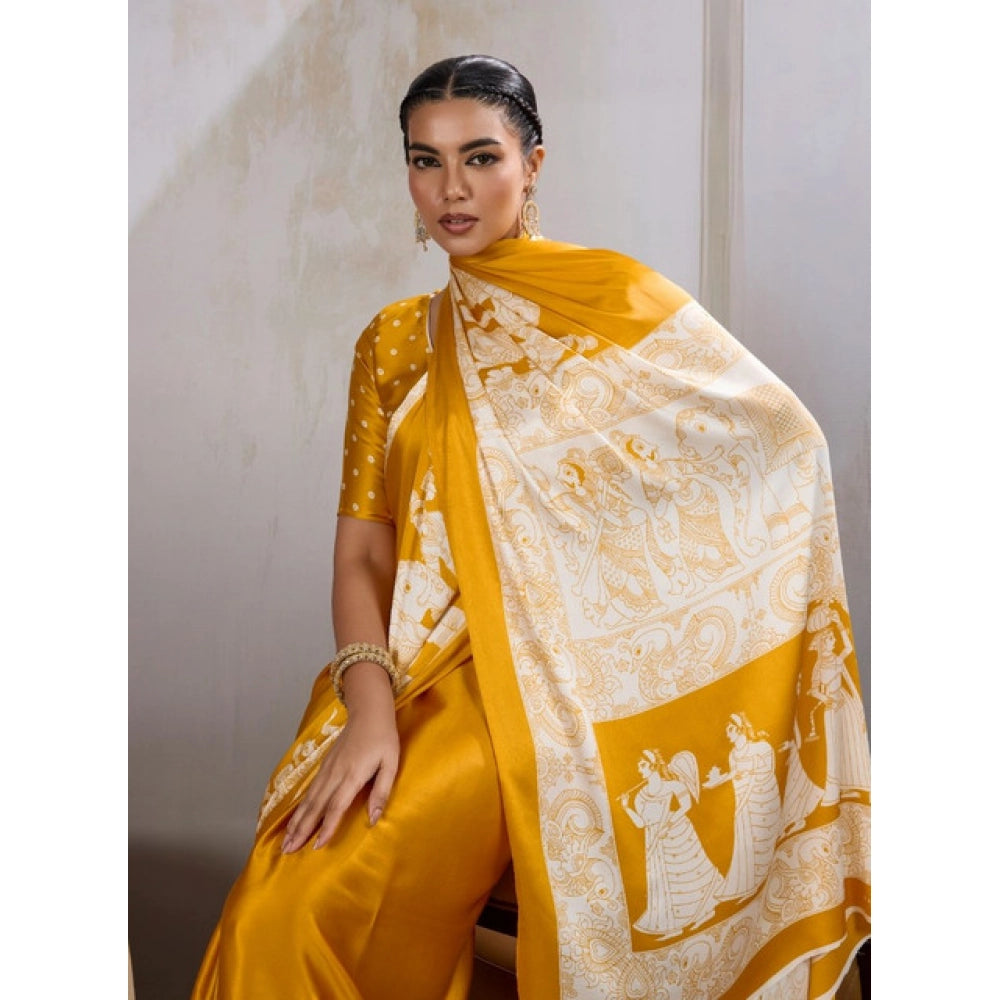 Generic Women's Satin Crepe Printed Saree With Unstitched Blouse 5.5Mtr (Mustard) - VANSHELLE