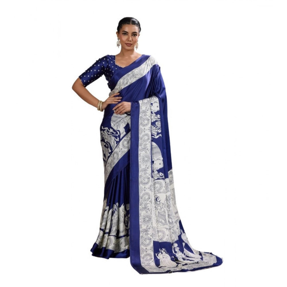Generic Women's Satin Crepe Printed Saree With Unstitched Blouse 5.5Mtr (Blue) - VANSHELLE