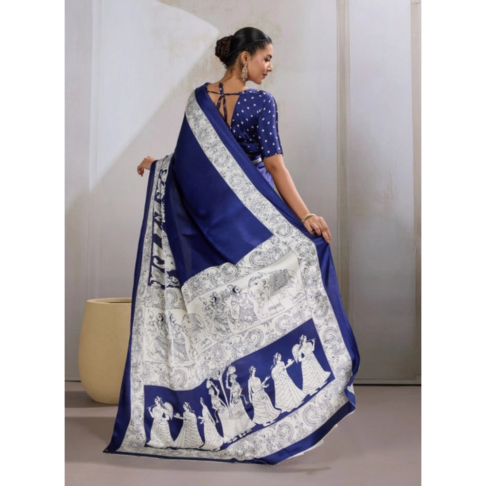 Generic Women's Satin Crepe Printed Saree With Unstitched Blouse 5.5Mtr (Blue) - VANSHELLE