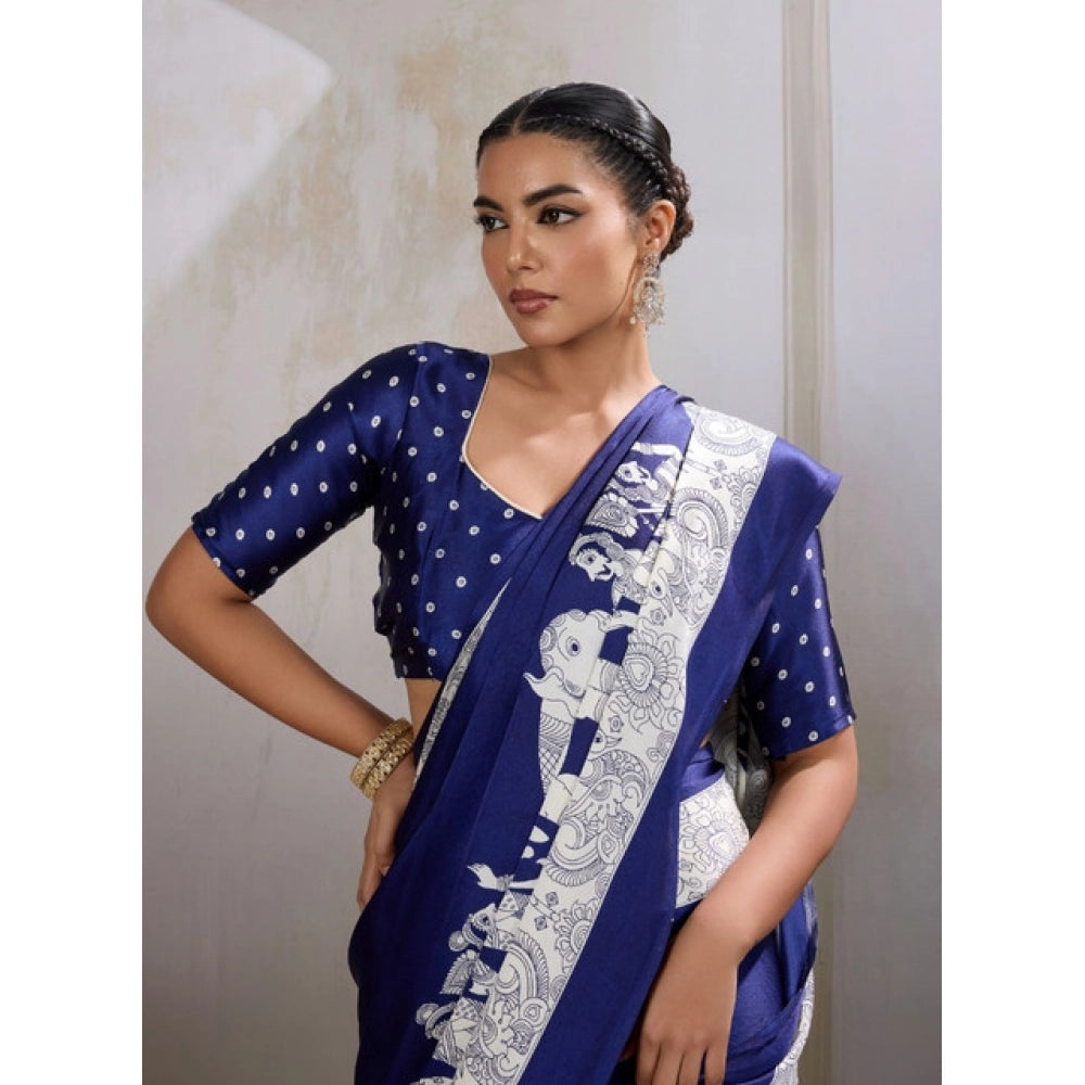 Generic Women's Satin Crepe Printed Saree With Unstitched Blouse 5.5Mtr (Blue) - VANSHELLE