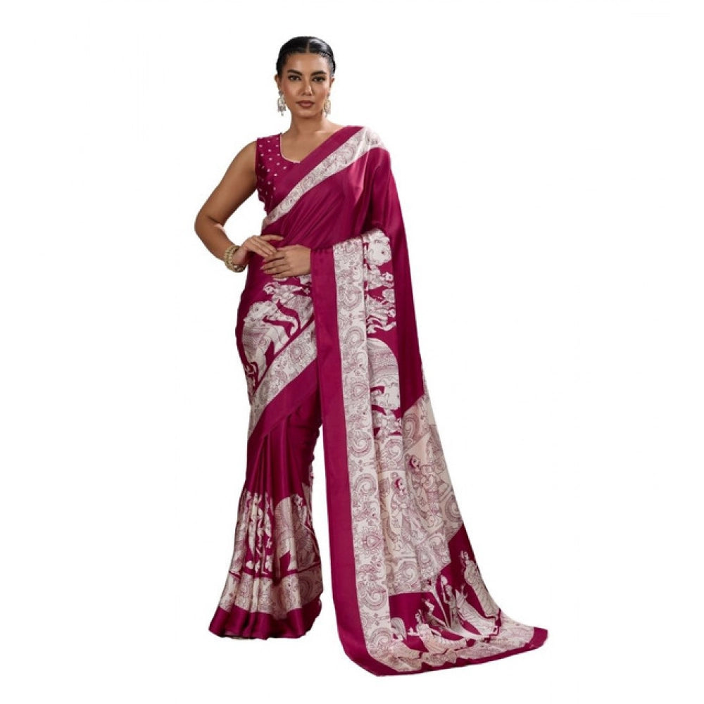 Generic Women's Satin Crepe Printed Saree With Unstitched Blouse 5.5Mtr (Maroon) - VANSHELLE