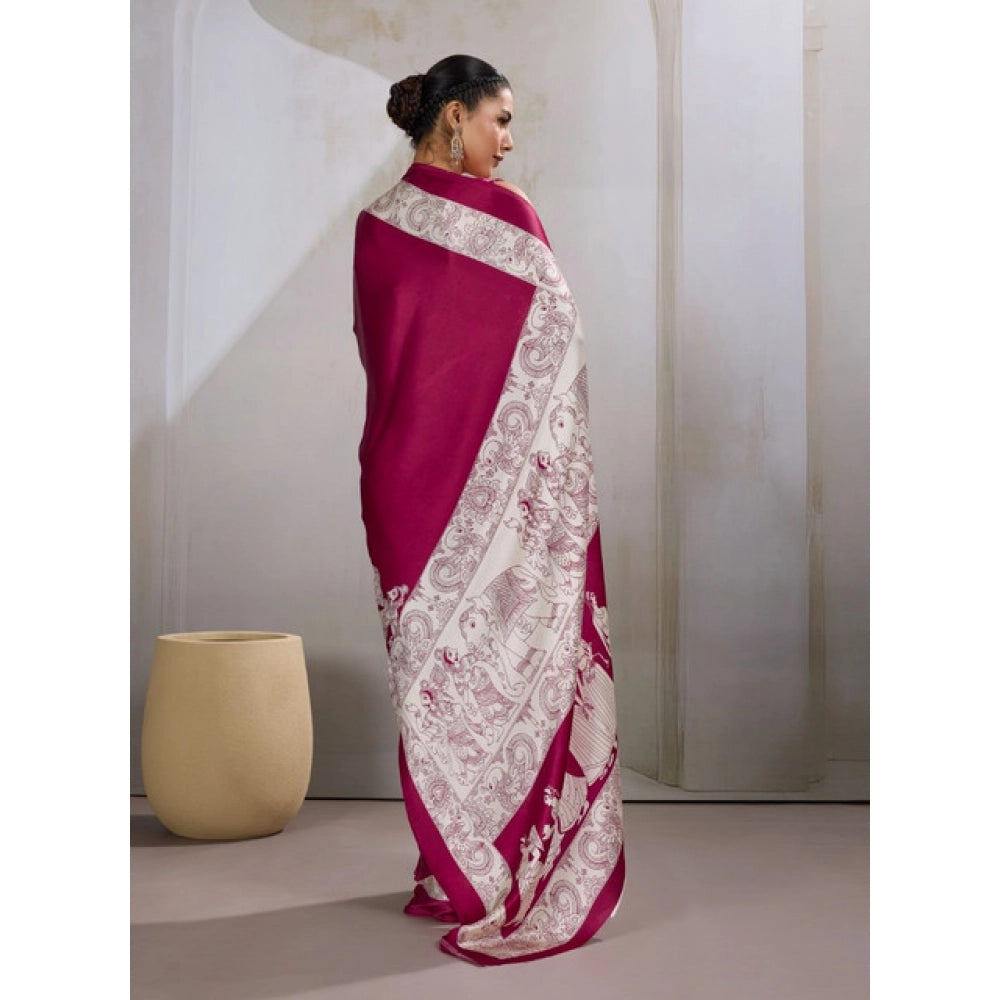 Generic Women's Satin Crepe Printed Saree With Unstitched Blouse 5.5Mtr (Maroon) - VANSHELLE