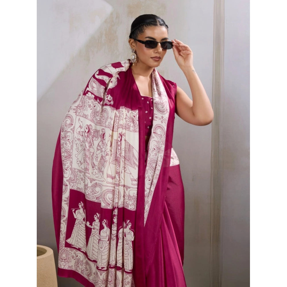 Generic Women's Satin Crepe Printed Saree With Unstitched Blouse 5.5Mtr (Maroon) - VANSHELLE