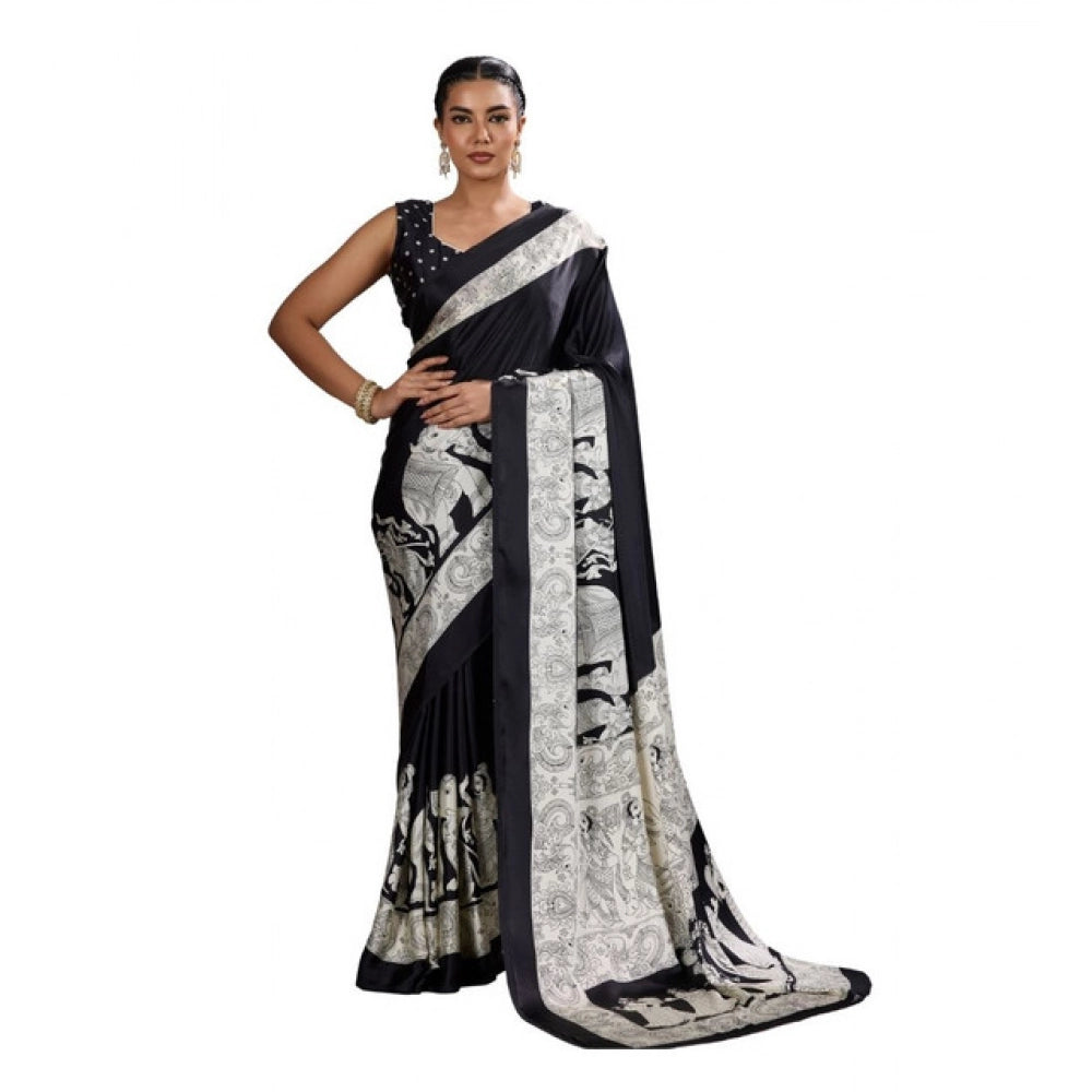 Generic Women's Satin Crepe Printed Saree With Unstitched Blouse 5.5Mtr (Black) - VANSHELLE