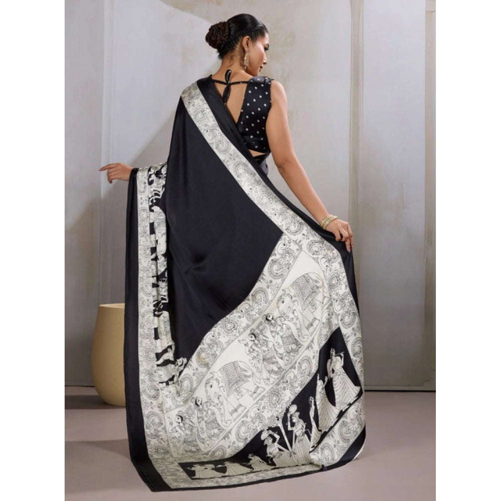 Generic Women's Satin Crepe Printed Saree With Unstitched Blouse 5.5Mtr (Black) - VANSHELLE